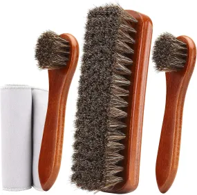 4-Piece Horsehair Shoe Brush Shine Kit, Shoe Polish Kit, Leather Shoes Boot Clea