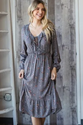DRESS- GRAY FLORAL RUFFLED TIE FRONT MIDI DRESS