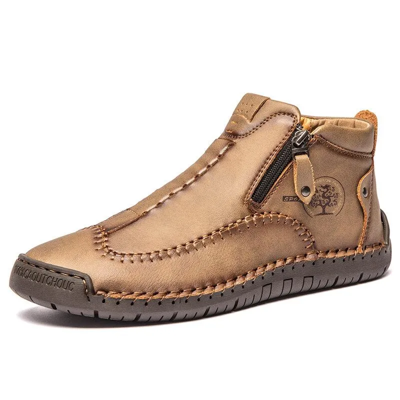 Kaegreel Men's Stylish Side Zipper Hand Stitching Microfiber Leather Casual Ankle Boots