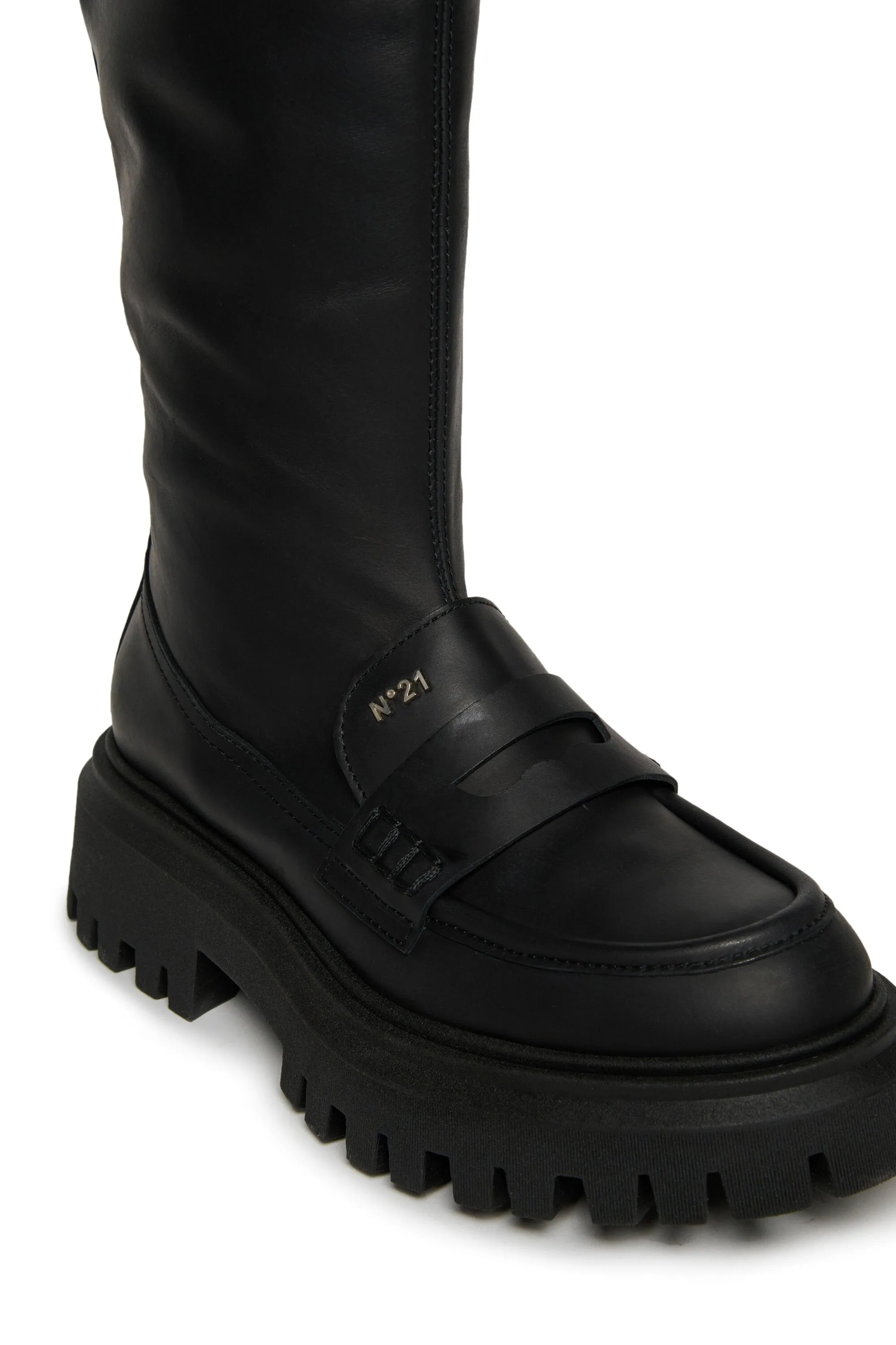 Long leather boots with track sole