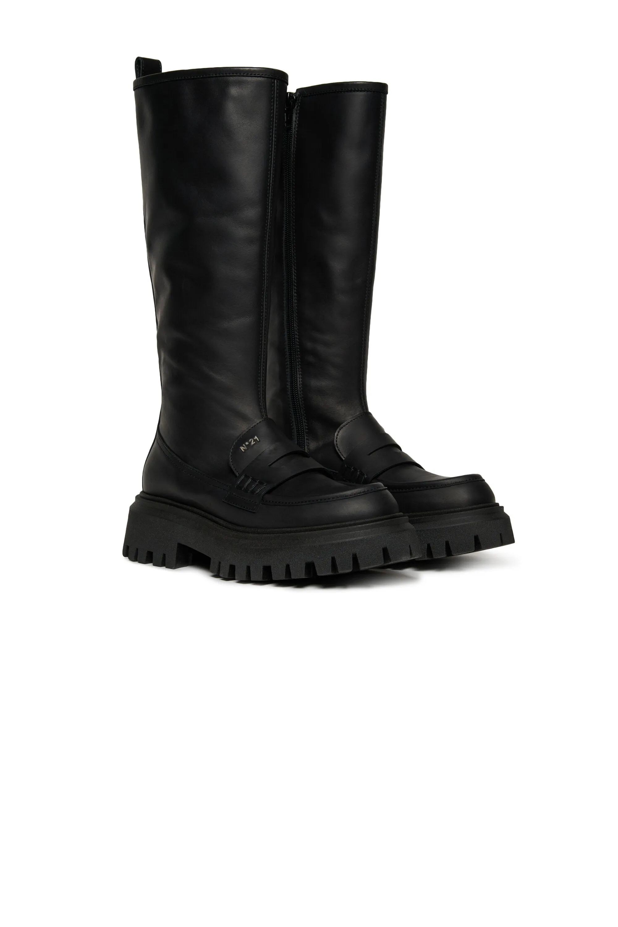 Long leather boots with track sole