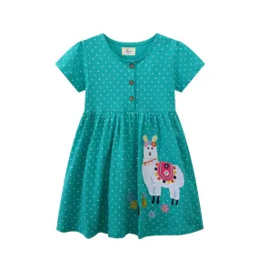 Toddler/Kid Girls Short Sleeve Cartoon Sheep Design Green Dress