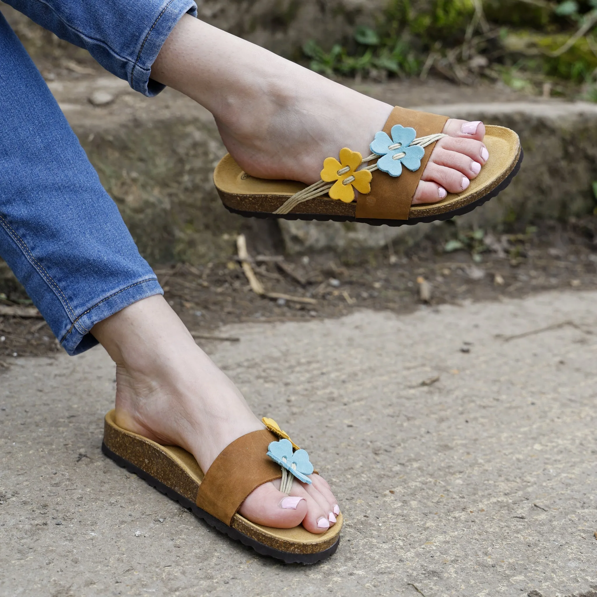 Women's Clover Sandals - Tan Aqua Lemon